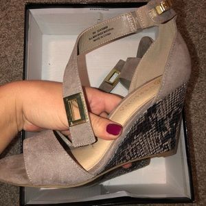 Suede snakeskin wedges